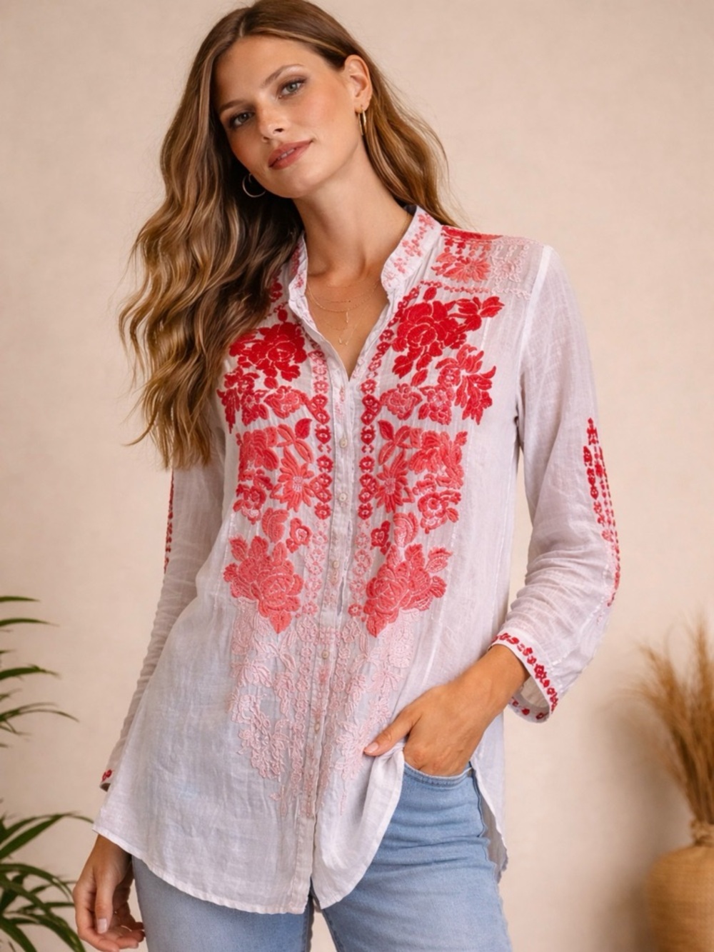 Johnny Was Embroidered White Blouse with Red Floral Detail
